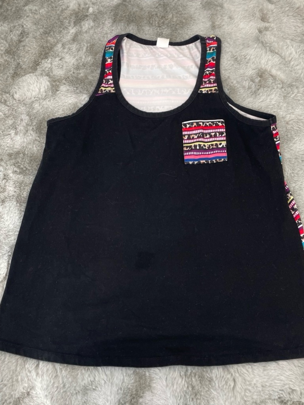 Black Tank Top with Contrast Patterned Trim and Chest Pocket-0315